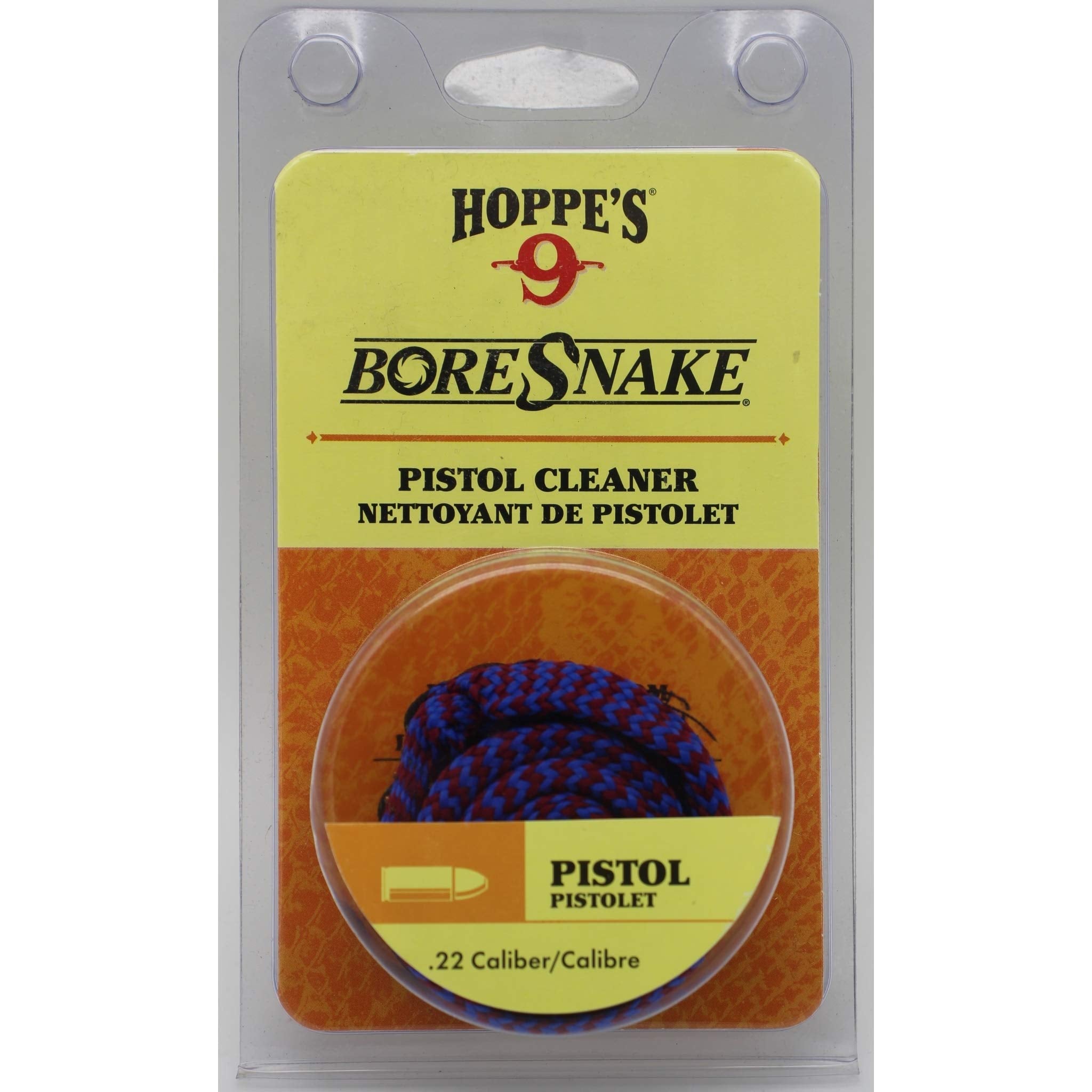 Clam E/F packaging of Hoppe's Boresnake for .22 caliber pistol and revolver