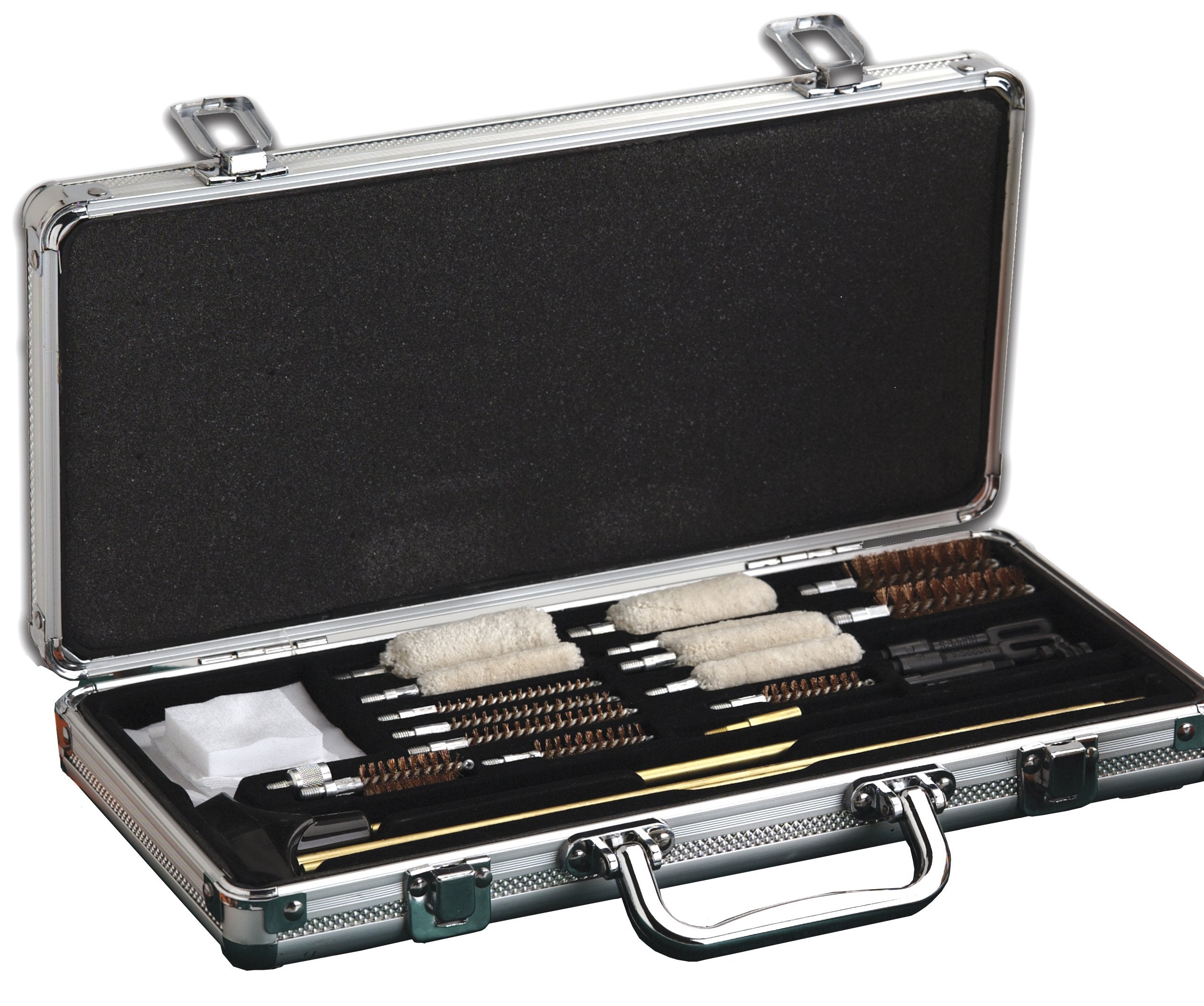 Hoppe's UAC102 Deluxe Cleaning Kit components: universal rod, brushes, swabs, and end pieces