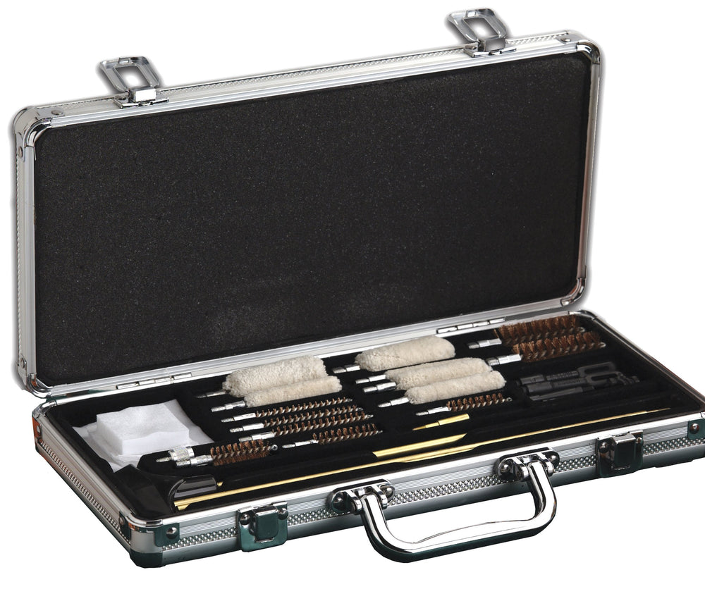 Hoppe's UAC102 Deluxe Cleaning Kit components: universal rod, brushes, swabs, and end pieces