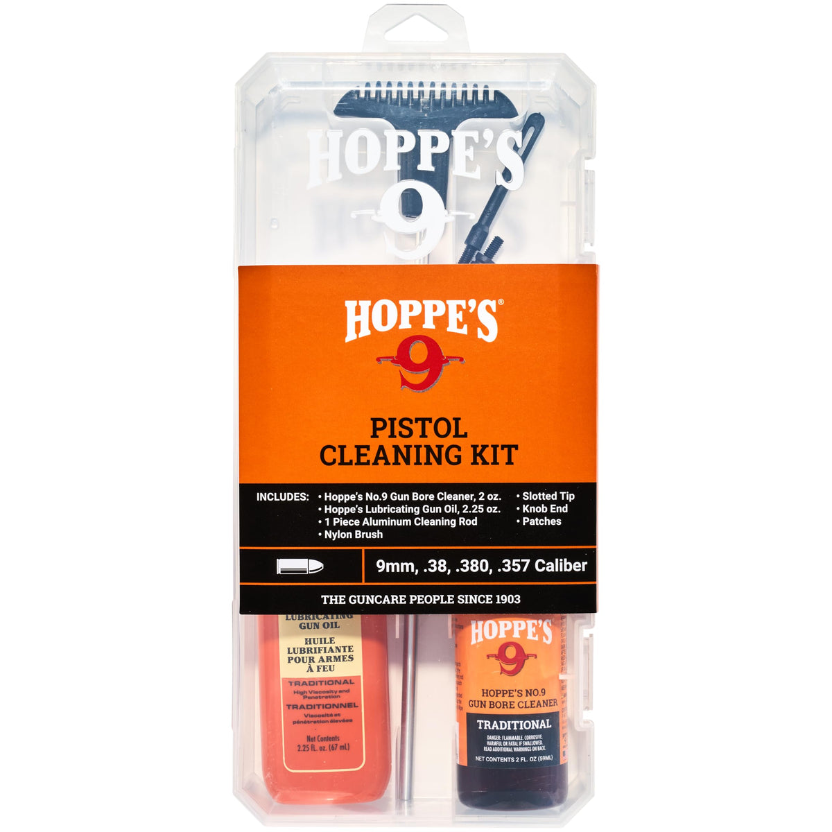 Hoppe's No. 9 cleaning kit with aluminum rod for .38/.357 and 9mm pistols