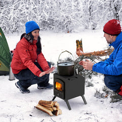 HOPUBUY wood stove side view highlighting portable camping warmth.