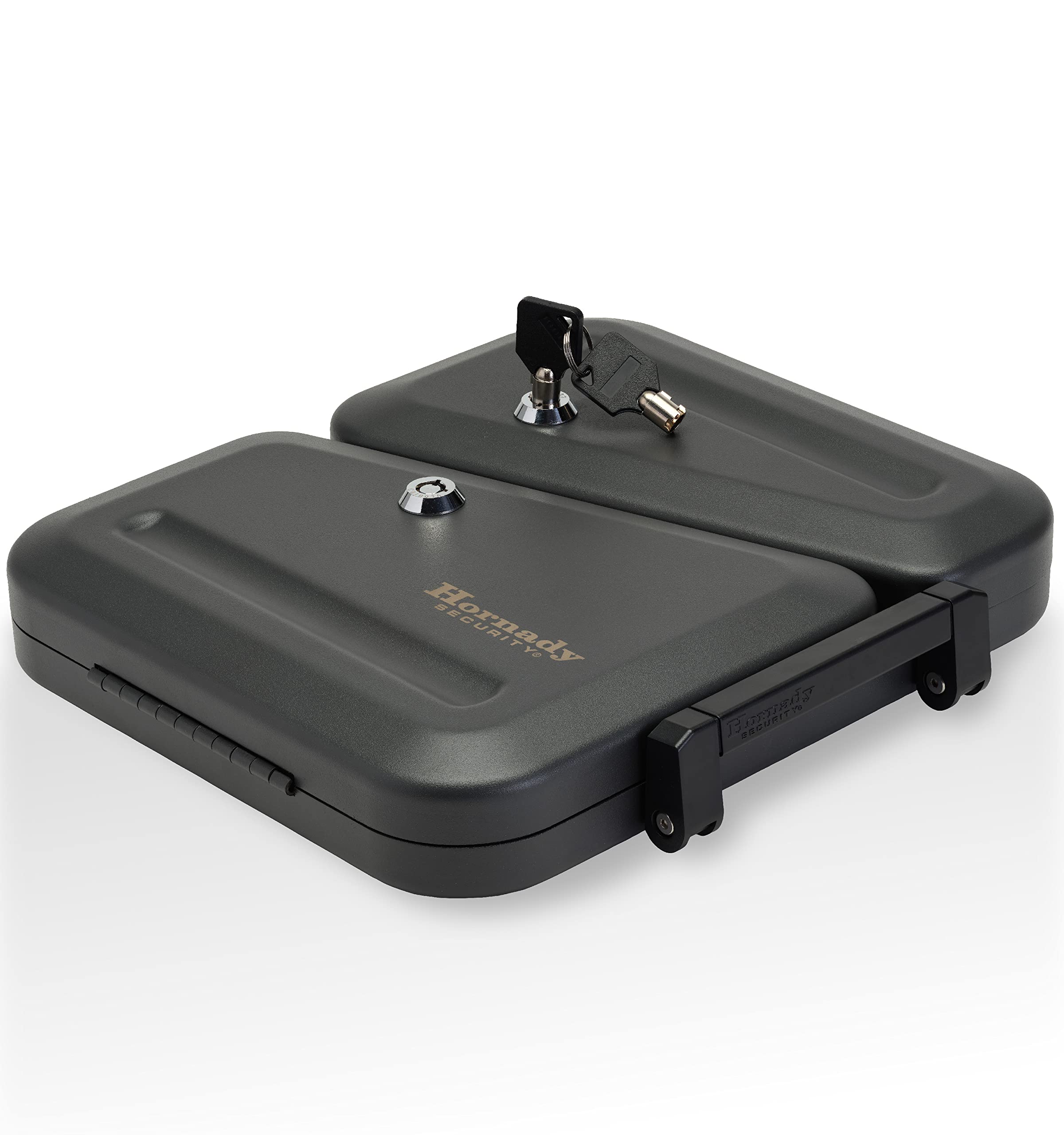 Exterior of Hornady Dual-Lid Gun Lock Box 95229 with fold-out handle.