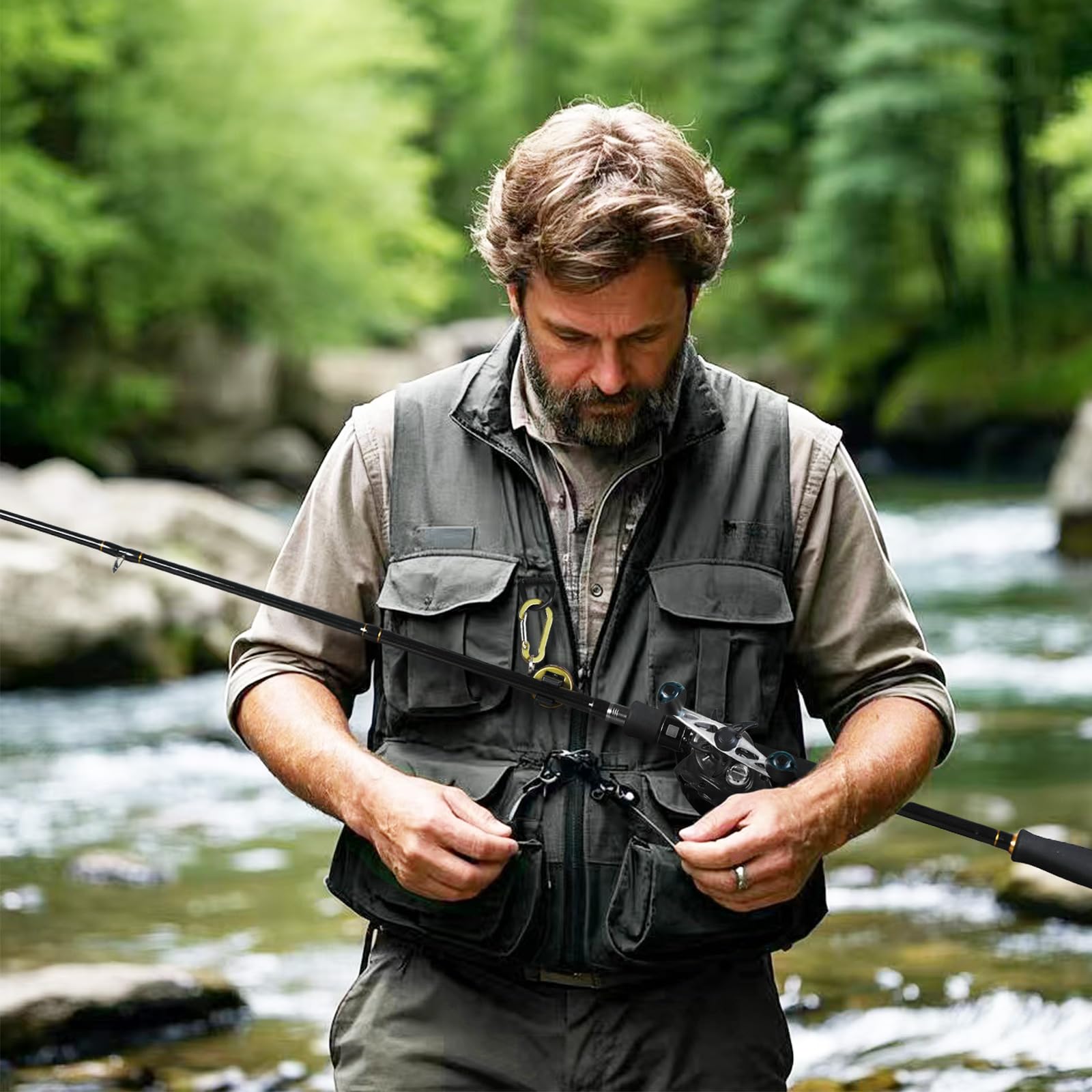 Rod held securely by the wearable clip for hands-free fishing