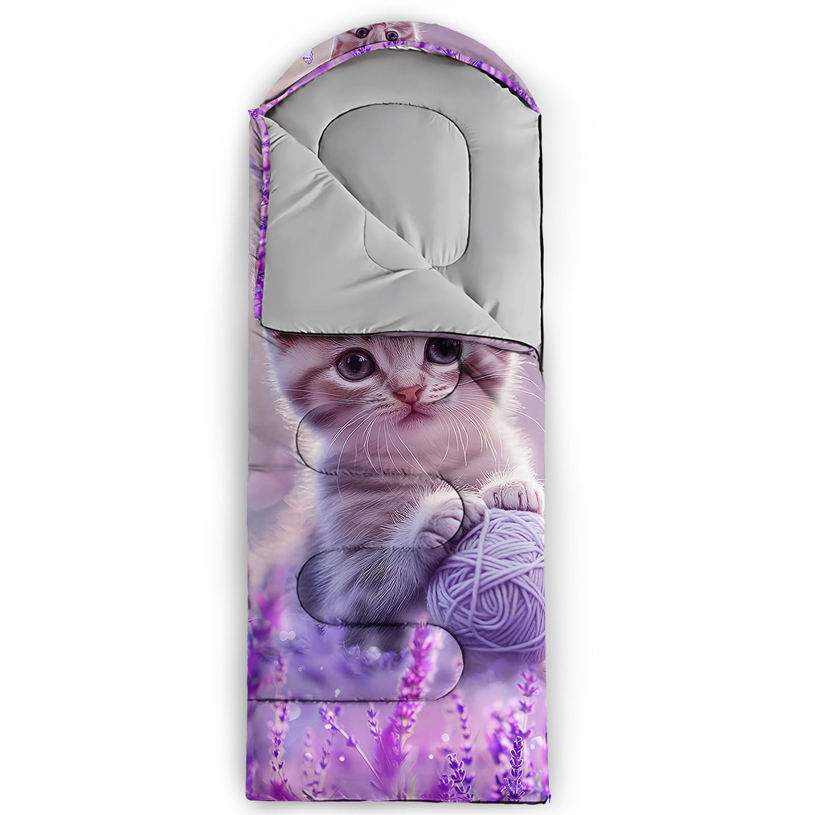 HOSIMA Kawaii Cat Sleeping Bag packaging and carry bag illustrate simplified storage