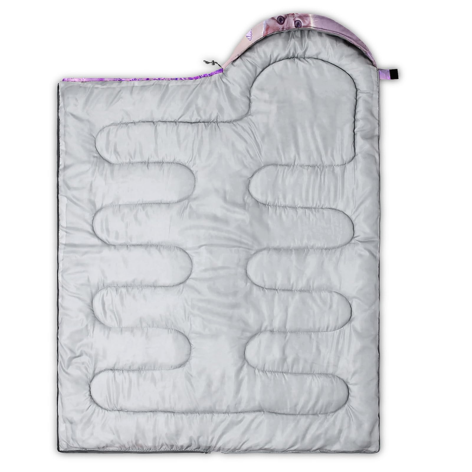 HOSIMA Kawaii Cat Sleeping Bag pattern closeup highlights cute cat design for kids' camping