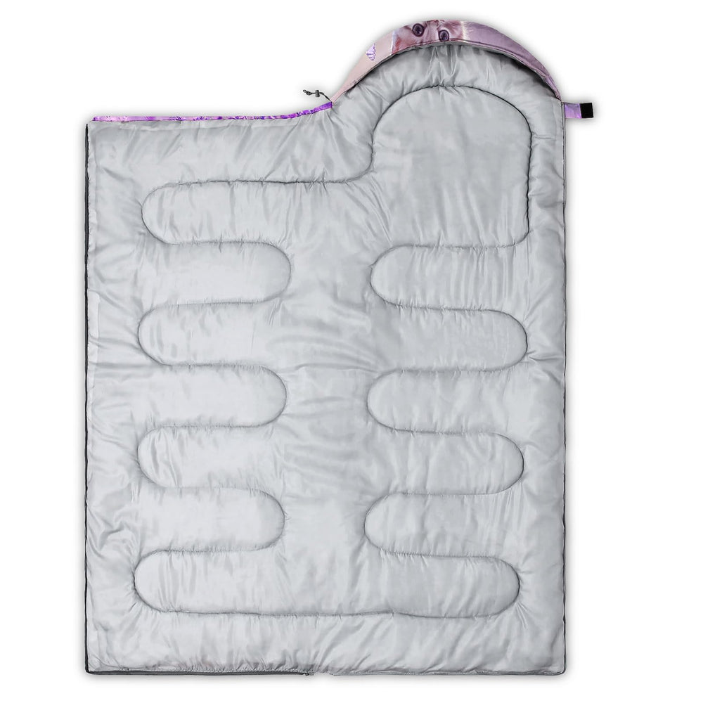 HOSIMA Kawaii Cat Sleeping Bag pattern closeup highlights cute cat design for kids' camping