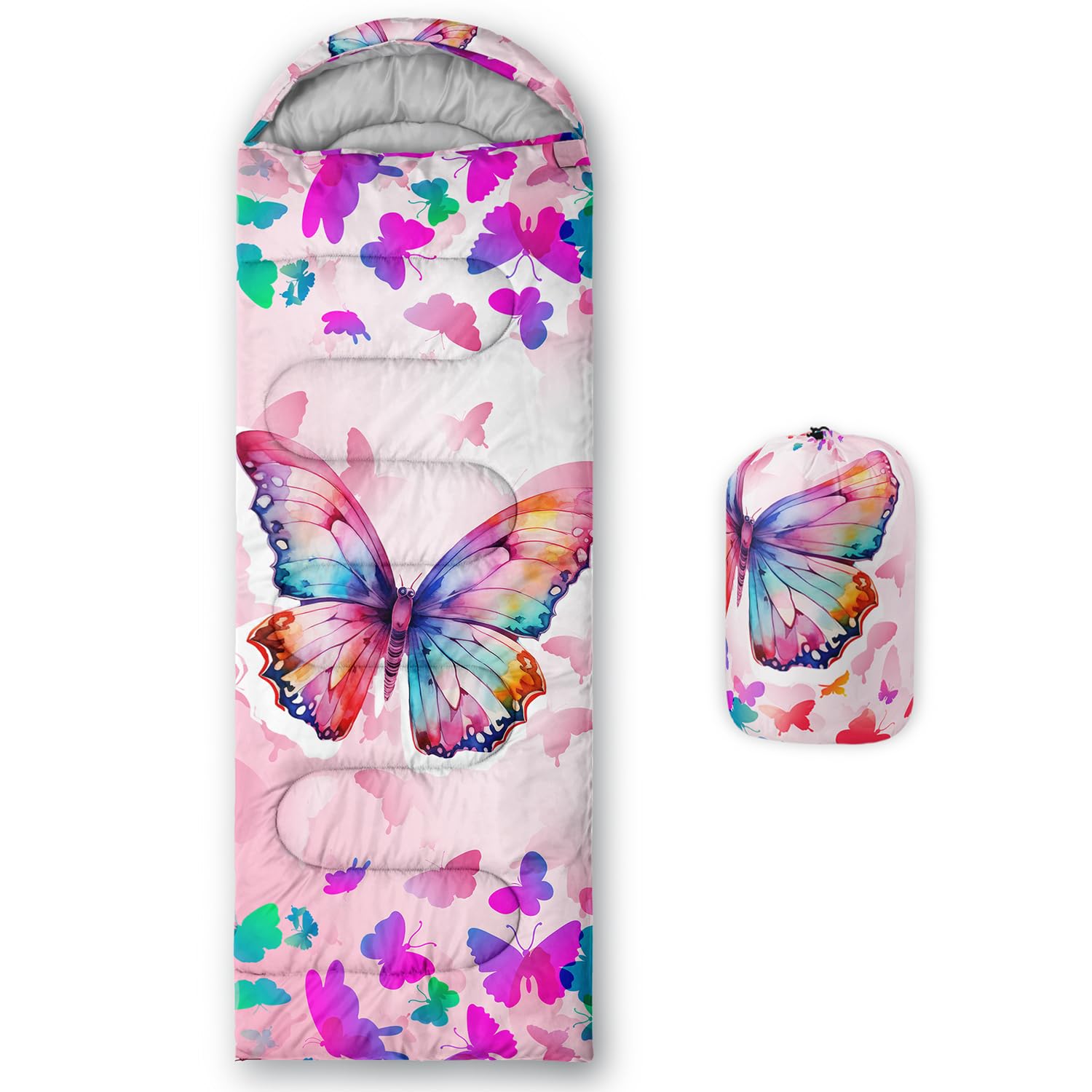 Hosima Pink Butterfly sleeping bag front view shows waterproof, kid-friendly design for outdoor nights