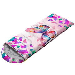 Hosima Pink Butterfly sleeping bag packaging demonstrates compact carry bag with shoulder straps