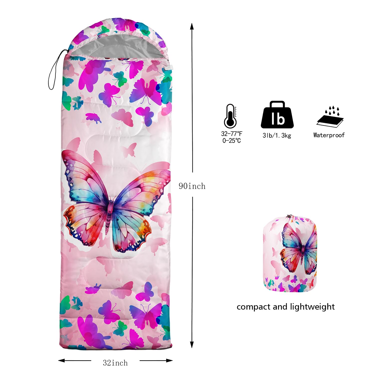 Hosima Pink Butterfly sleeping bag used by kids camping outdoors emphasizes comfort and portability