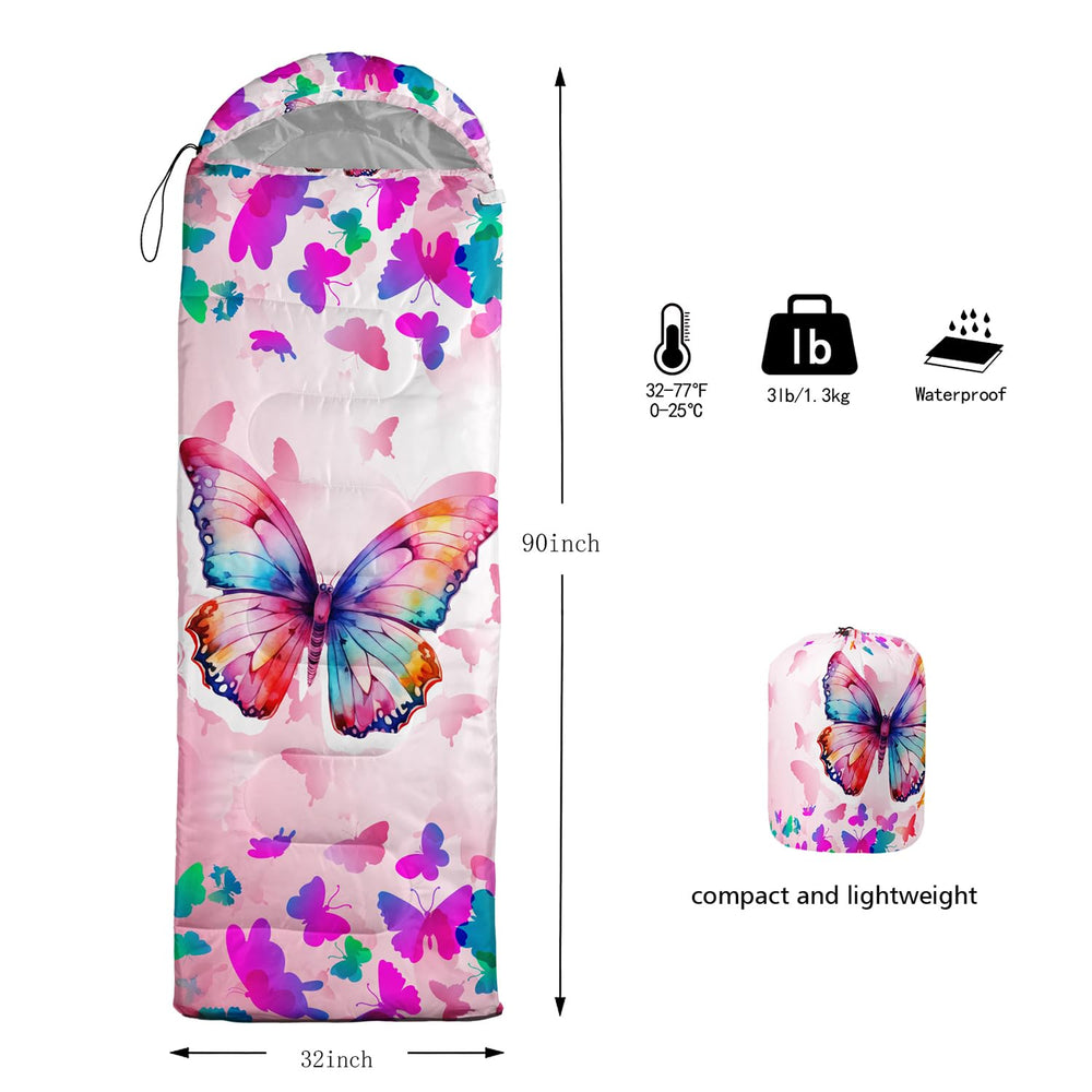 Hosima Pink Butterfly sleeping bag used by kids camping outdoors emphasizes comfort and portability