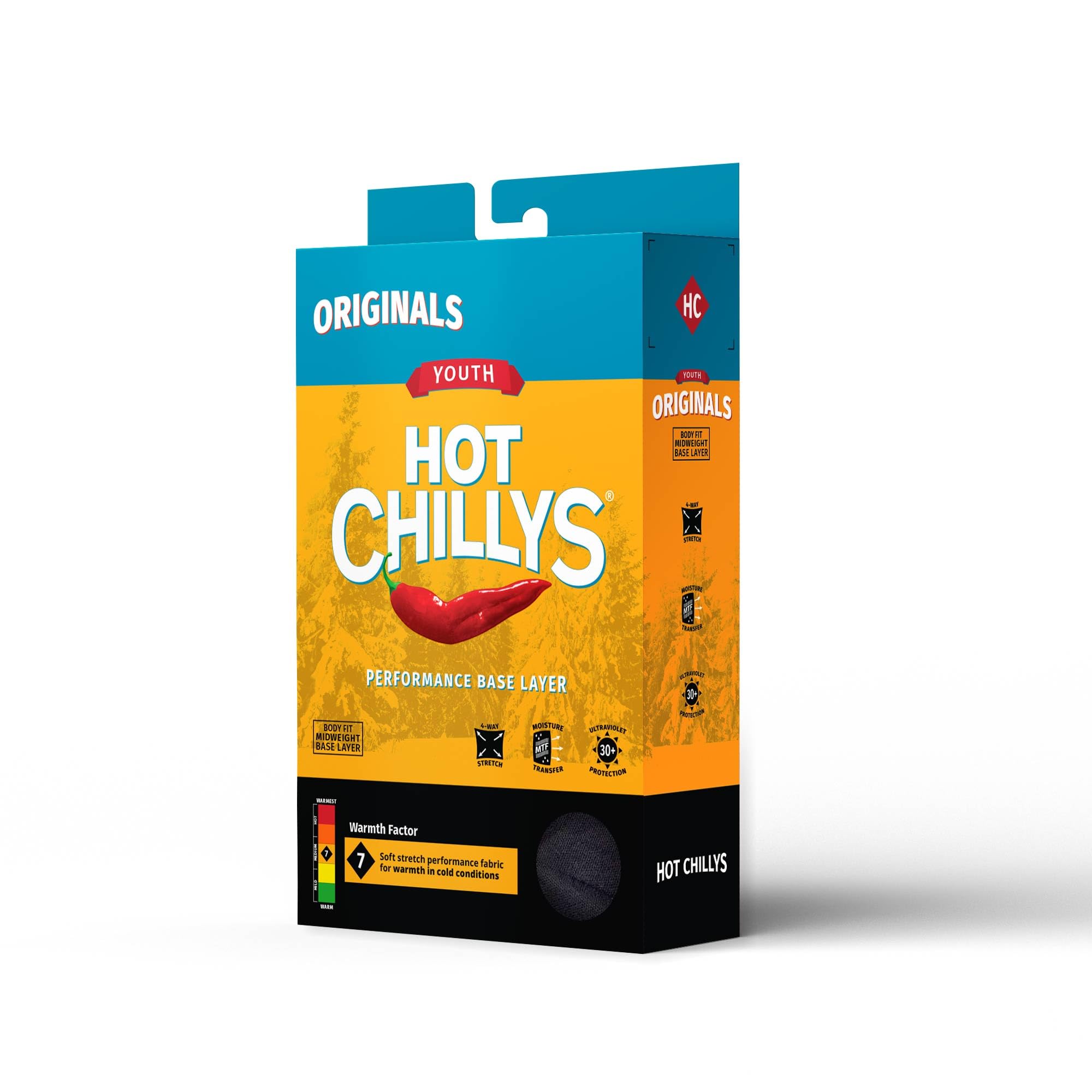 Hot Chillys Youth MTF base layer UPF 30 label highlights sun protection