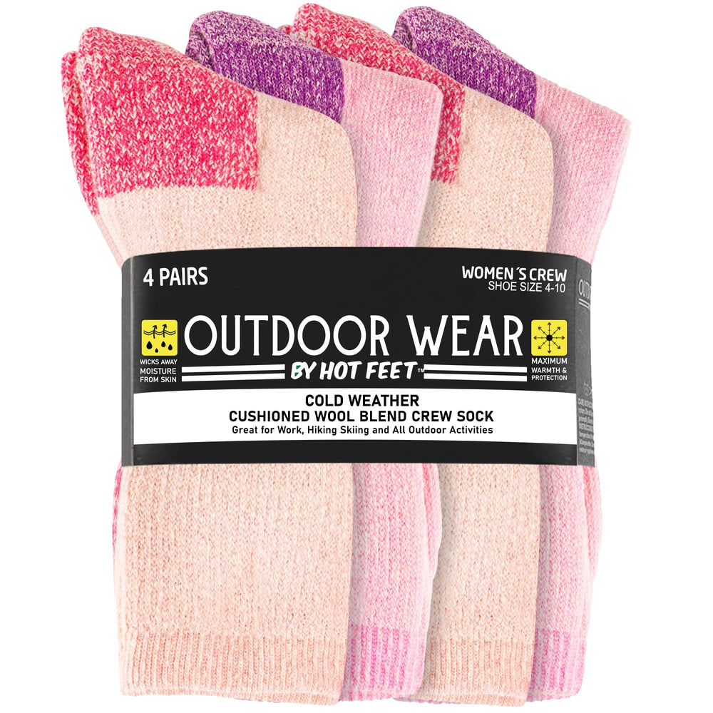 HOT FEET 4 Pack work socks front view pack shows lavender and pink colorway for daily wear comfort.