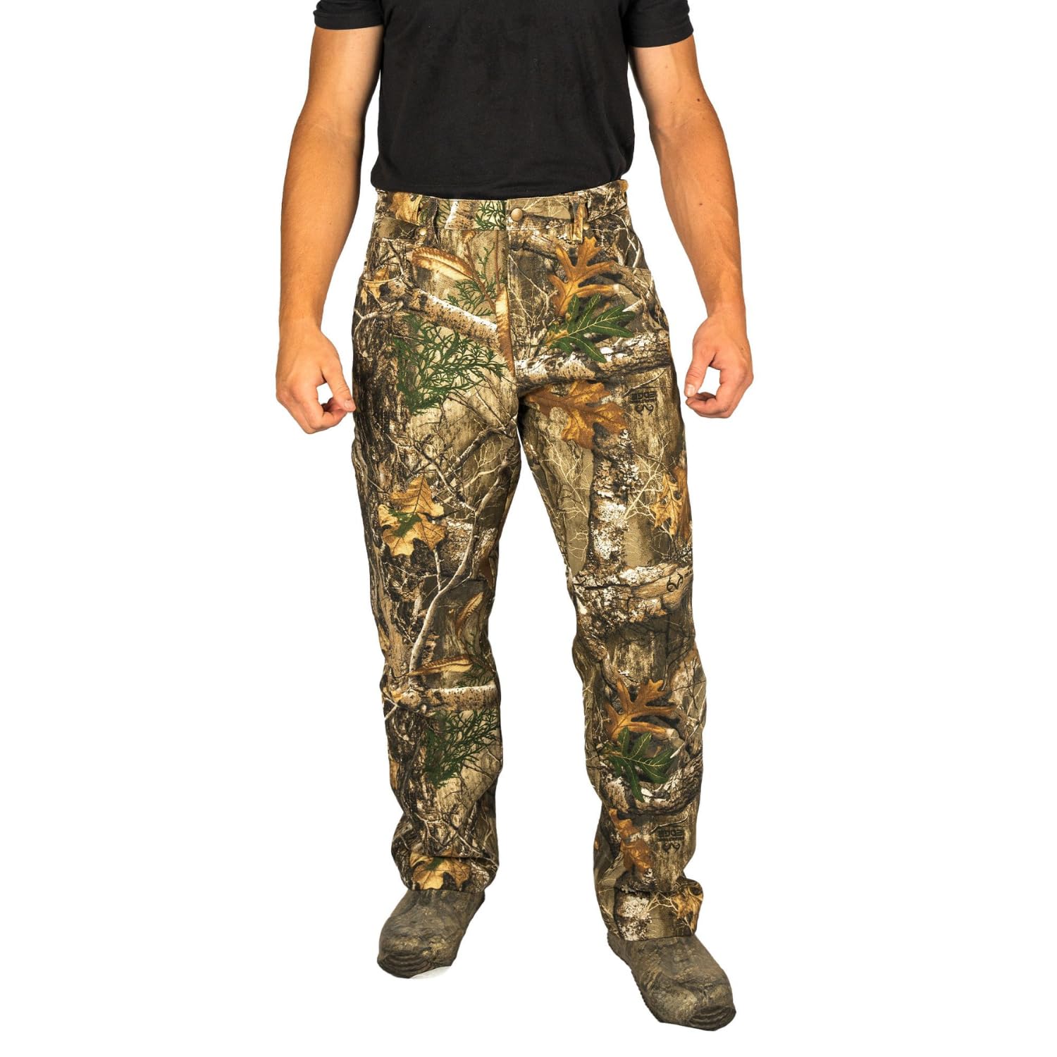 HOT SHOT flannel-lined camo pants front view for warmth and concealment.