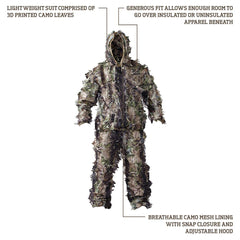 HOT SHOT leafy 2pc suit woodland camo pants designed for unrestricted movement.