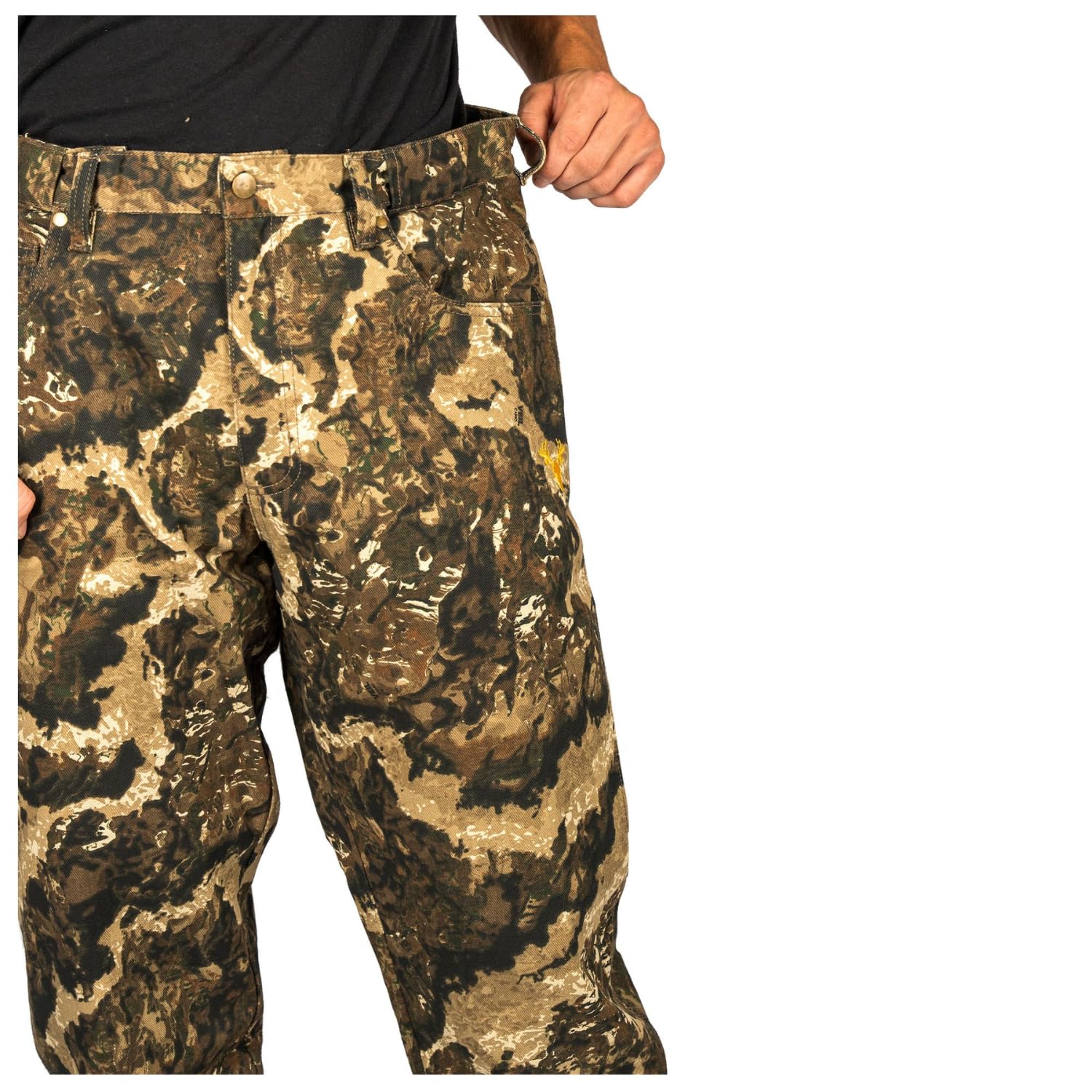 HOT SHOT men's flannel-lined camo pants fabric close-up shows durable twill.