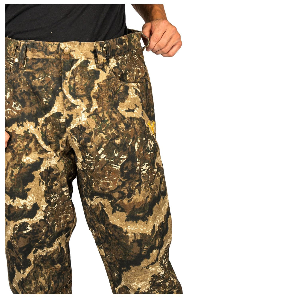 HOT SHOT men's flannel-lined camo pants fabric close-up shows durable twill.