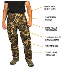 HOT SHOT men's flannel-lined camo pants pocket detail for field storage.