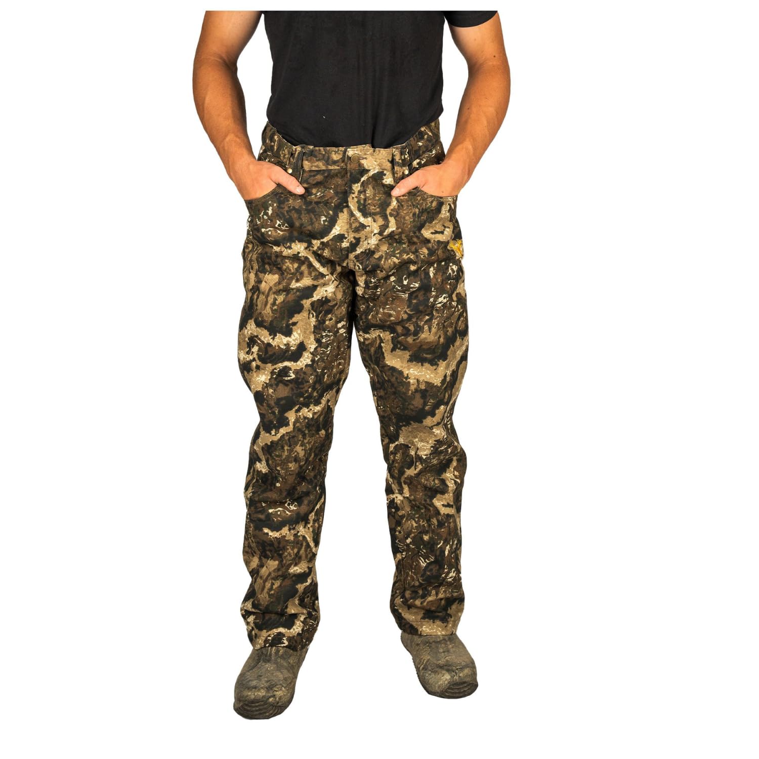 HOT SHOT men's flannel-lined camo pants stitching reinforces rugged wear.