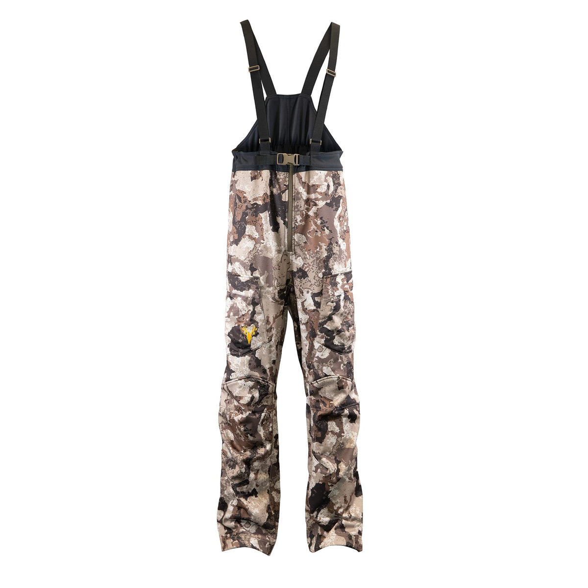 HOT SHOT Veil Cervidae camo bib front view shows rugged protection for hunting days.