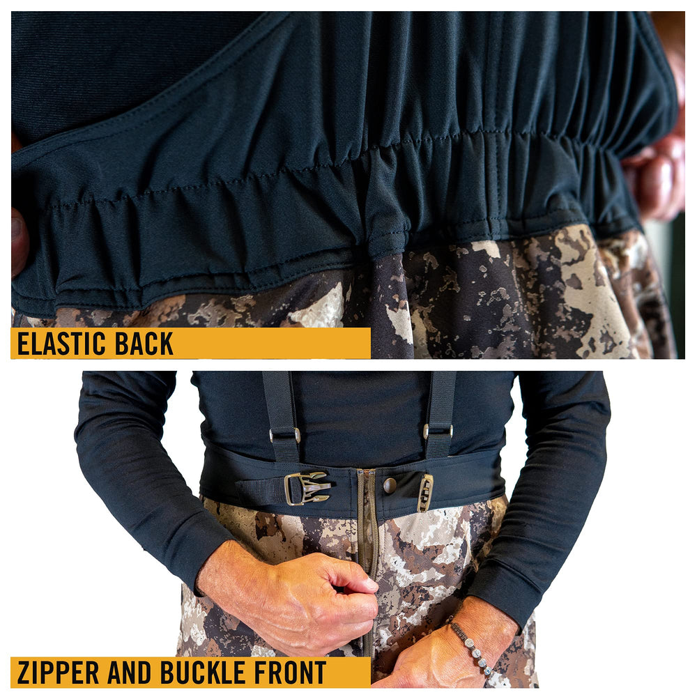 HOT SHOT Veil Cervidae camo bib shoulder straps highlight adjustable comfort during field wear.