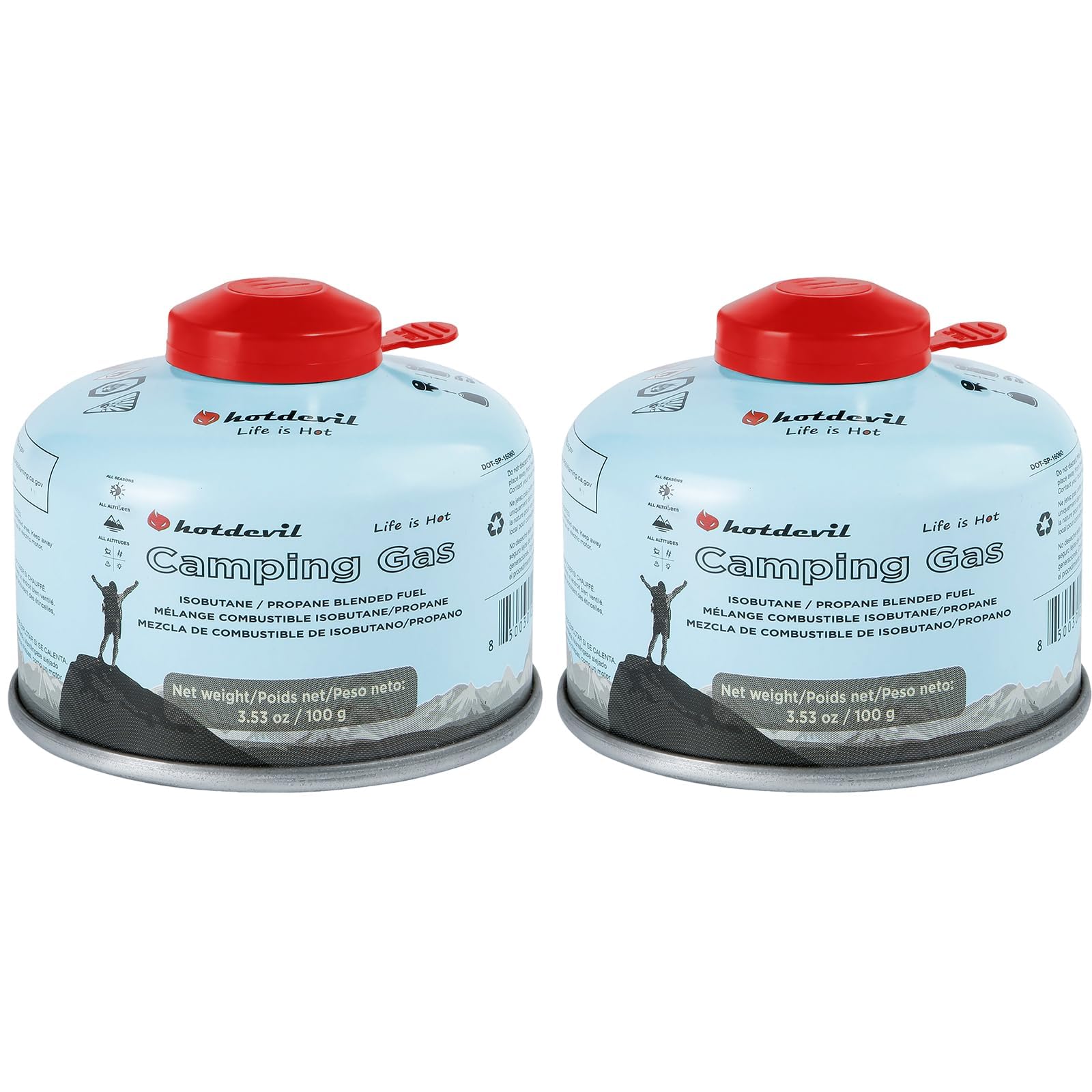 Hotdevil camping stove fuel canister in compact 100g size for backpacking.