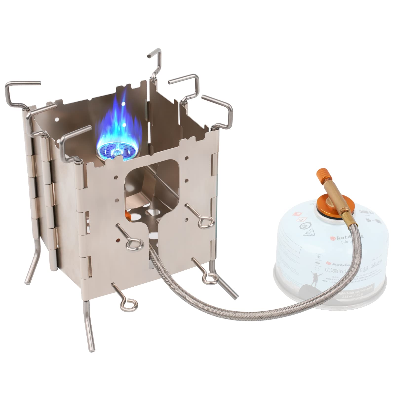 Hotdevil solo stove front view shows durable stainless steel for rugged outdoor cooking.