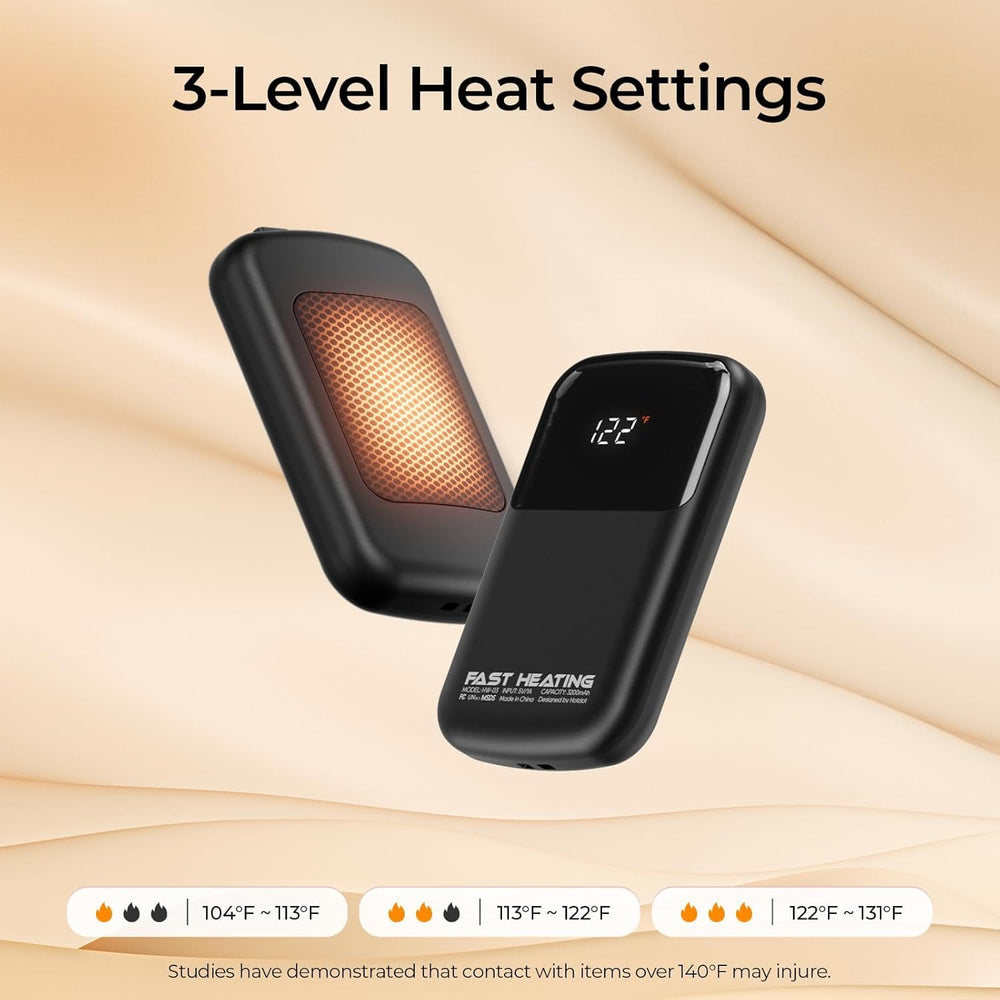 Hotdot AI Hand Warmers with three heat levels for customizable outdoor comfort.