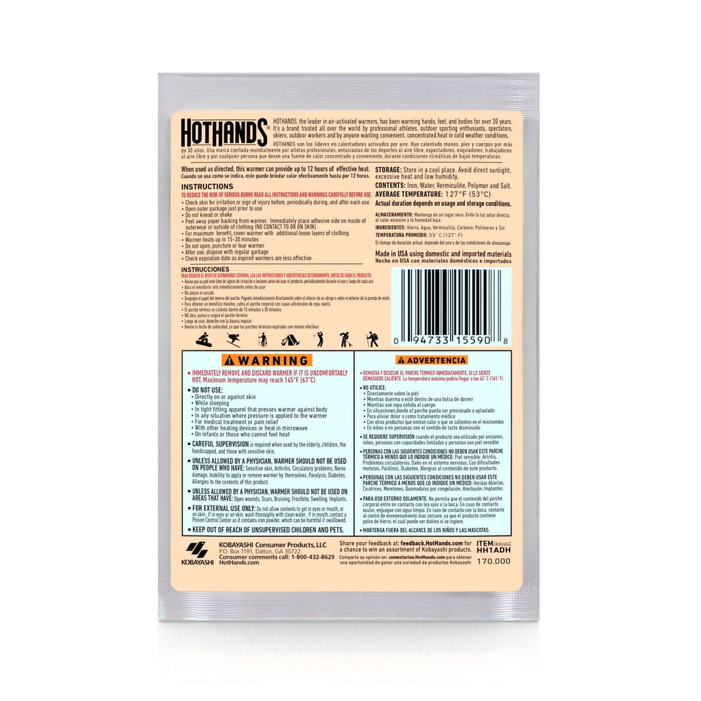 HotHands adhesive back secured to clothing for hands‑free warmth