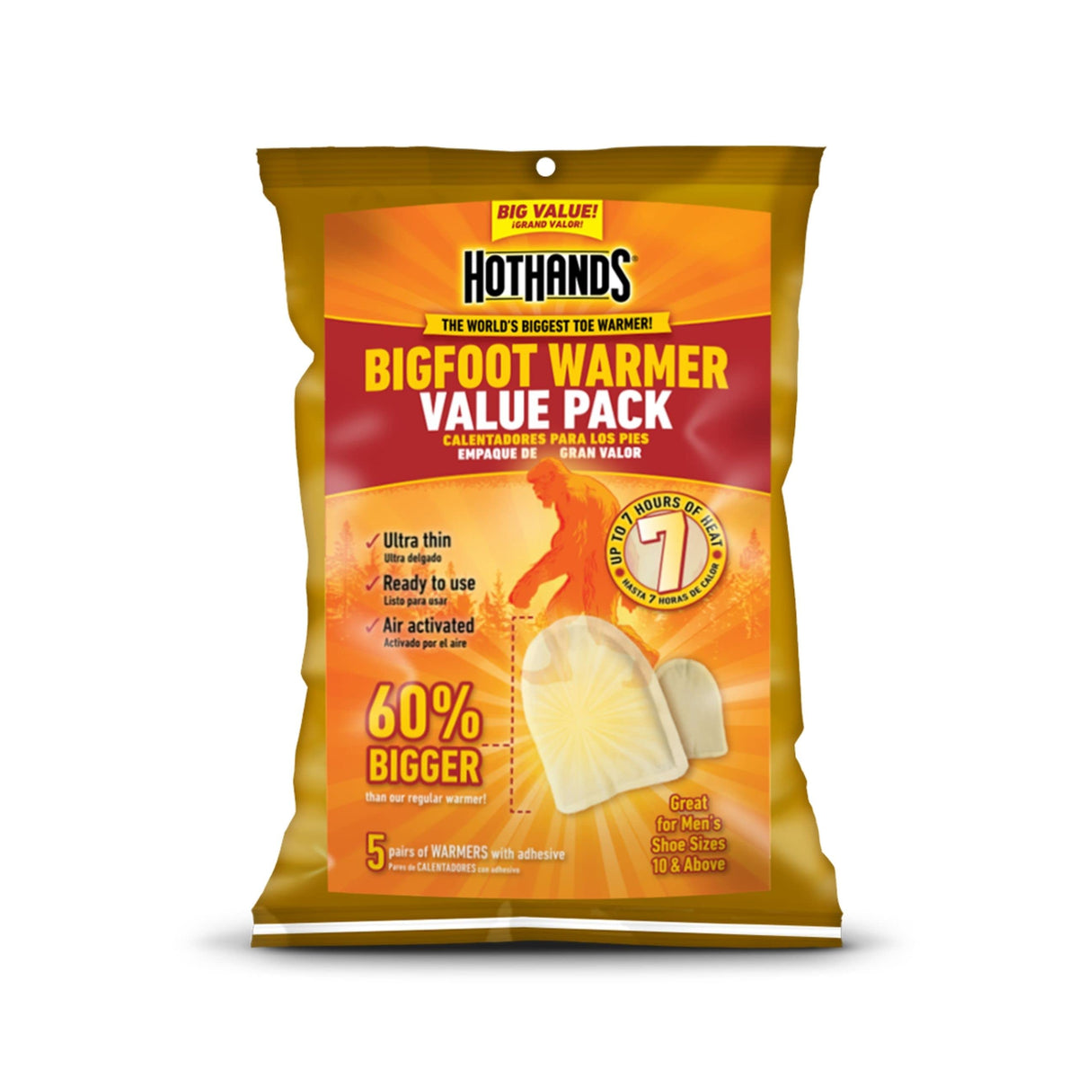 HotHands Bigfoot toe warmer five-pair pack offers outdoor warmth.