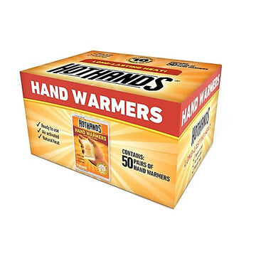 HotHands bulk 50-pk box hand warmers offering long-lasting heat for outdoor adventures.