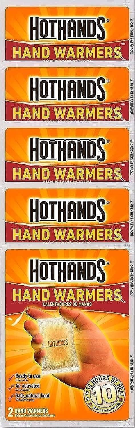 HotHands hand warmers 10-count bundle shown compactly designed to fit inside gloves for long-lasting warmth.