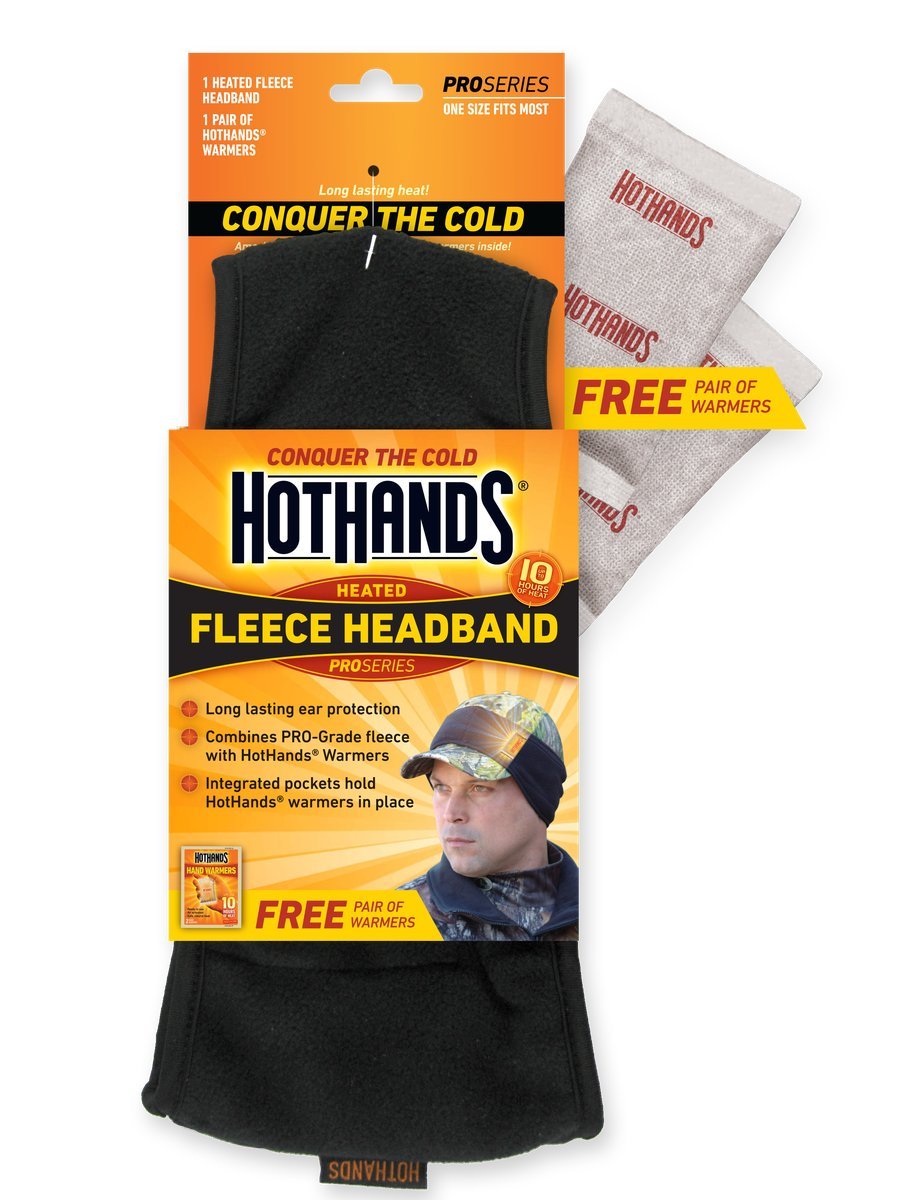 HotHands Heatmax headband with pocket close-up showing warmers held in place for extended outdoor warmth