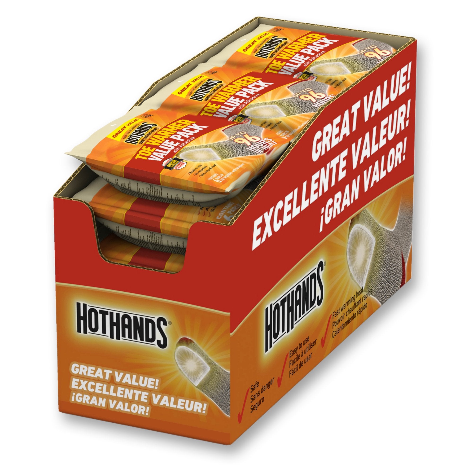 HotHands toe warmers pack open shows 72 pairs for long-lasting warmth outdoors.