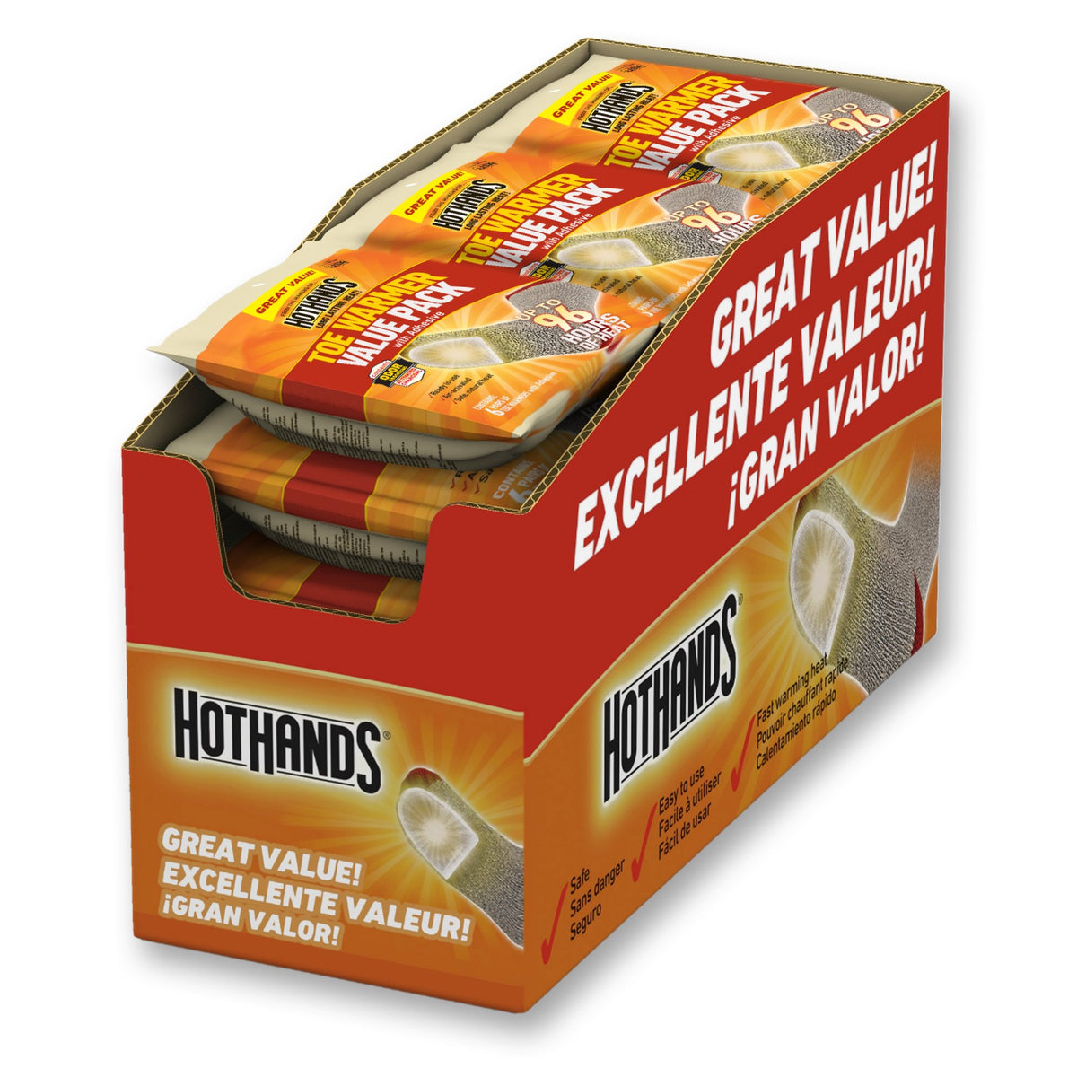 HotHands toe warmers pack open shows 72 pairs for long-lasting warmth outdoors.
