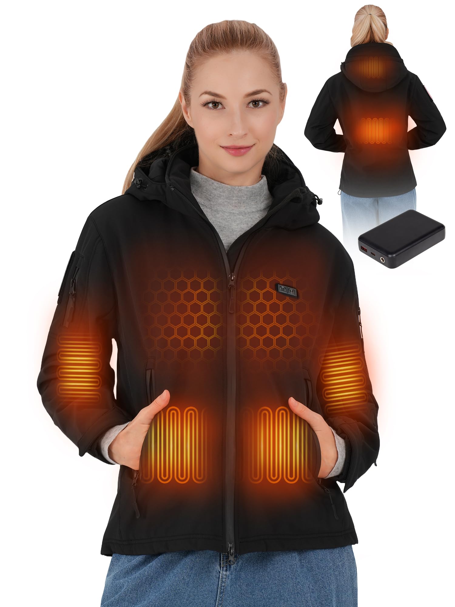 HOTHUGZ women's heated jacket front view with waterproof shell for winter warmth.