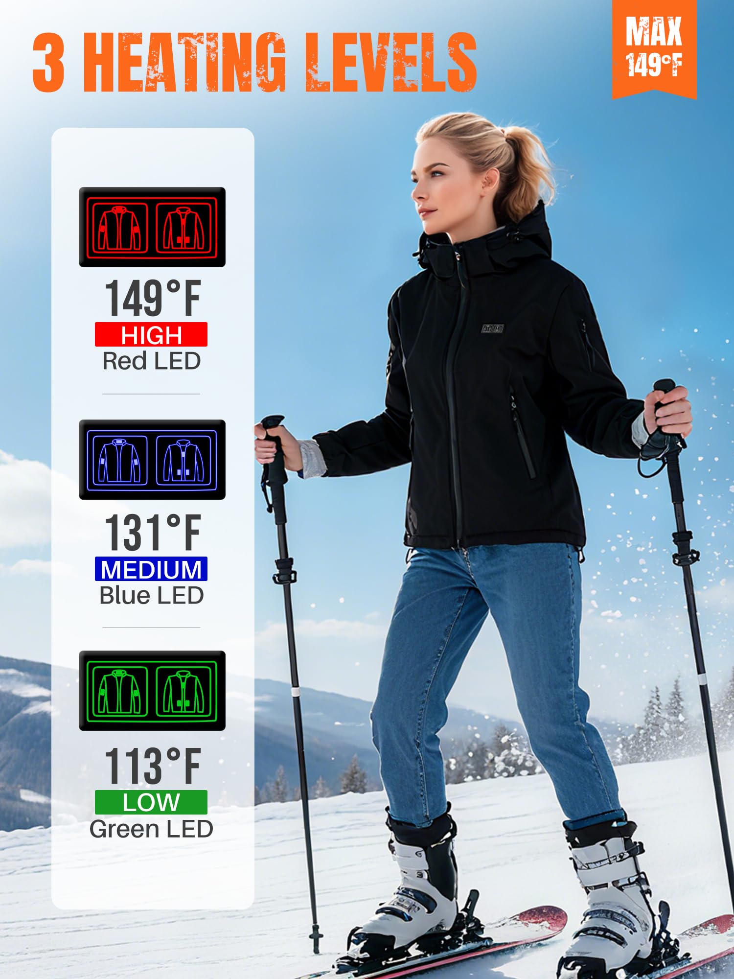 HOTHUGZ heated jacket with detachable hood ready for changing weather.