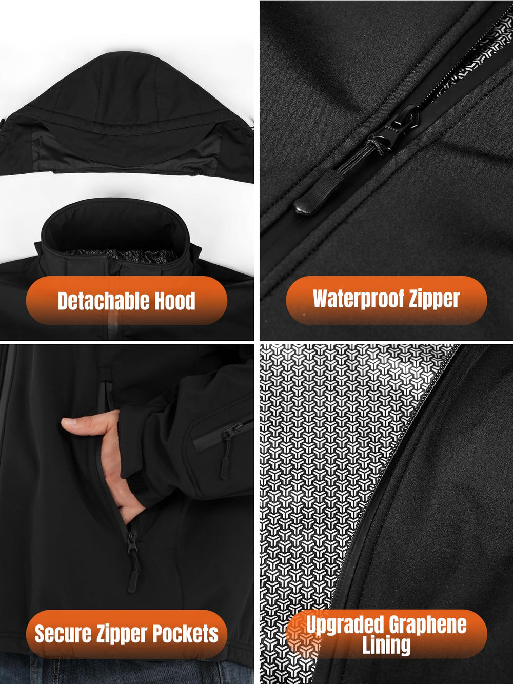 HOTHUGZ jacket showing waterproof fabric and sealed zippers in rain.