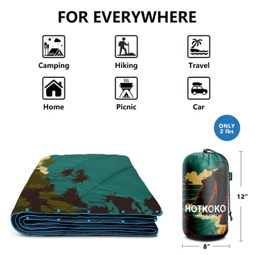 Hotkoko blanket shown as a rug and shawl for versatile camping comfort.