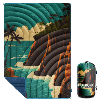 Hotkoko camping blanket packed in its compact bag for ultra-portable outdoor comfort.