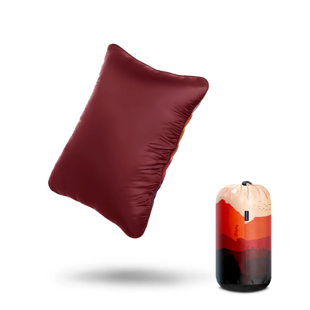 Hotkoko camping pillow compact storage bag shows portable travel setup.