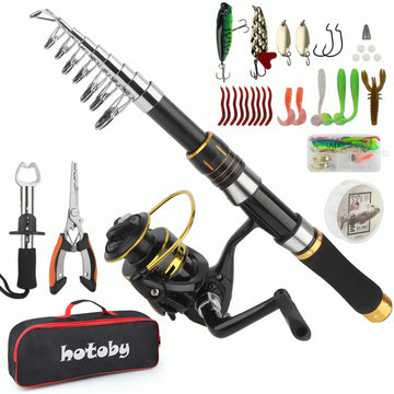 Hotoby fishing pole combo rod extended, highlighting carbon fiber strength for durable long casts
