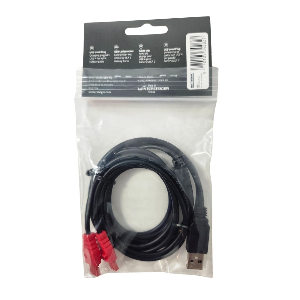 Hotronic USB Load Plug Cable XLP C battery-pack compatibility graphic indicates model-specific fit.