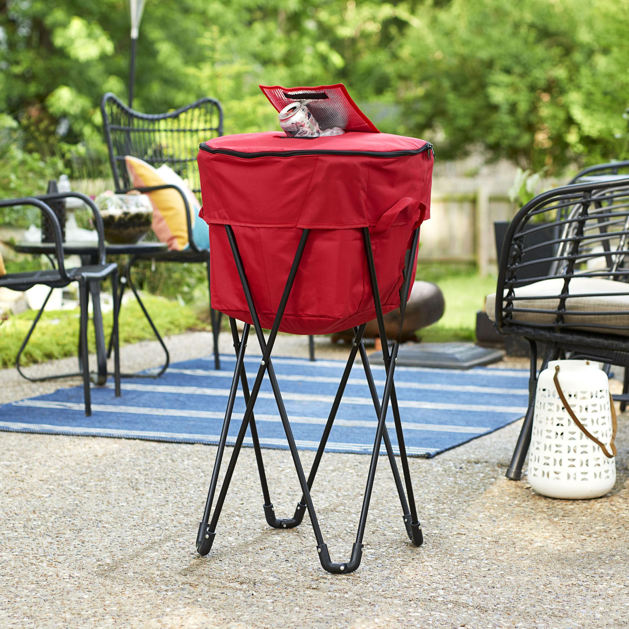 Household Essentials standing ice cooler red, side view, portable setup for tailgates