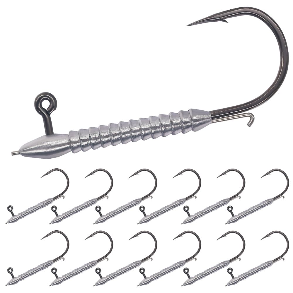 Front view of Hover Rig Jig Heads 12-Pack showing front spike and dual bait keeper across size range 1/32oz to 3/0 1/8oz