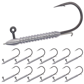 Front view of Hover Rig Jig Heads 12-Pack showing front spike and dual bait keeper across size range 1/32oz to 3/0 1/8oz