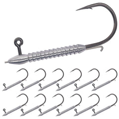 Front view of Hover Rig Jig Heads 12-Pack showing front spike and dual bait keeper across size range 1/32oz to 3/0 1/8oz