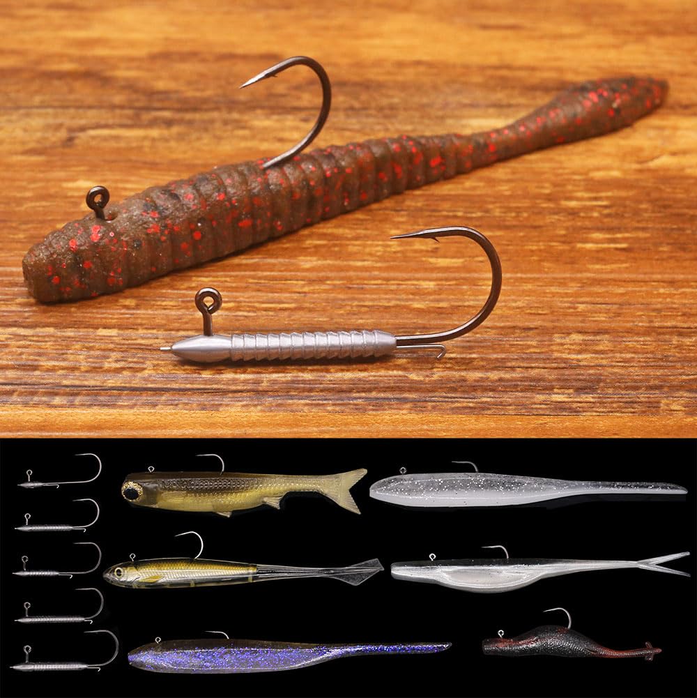 Freshwater bass fishing setup featuring hover rig jig heads