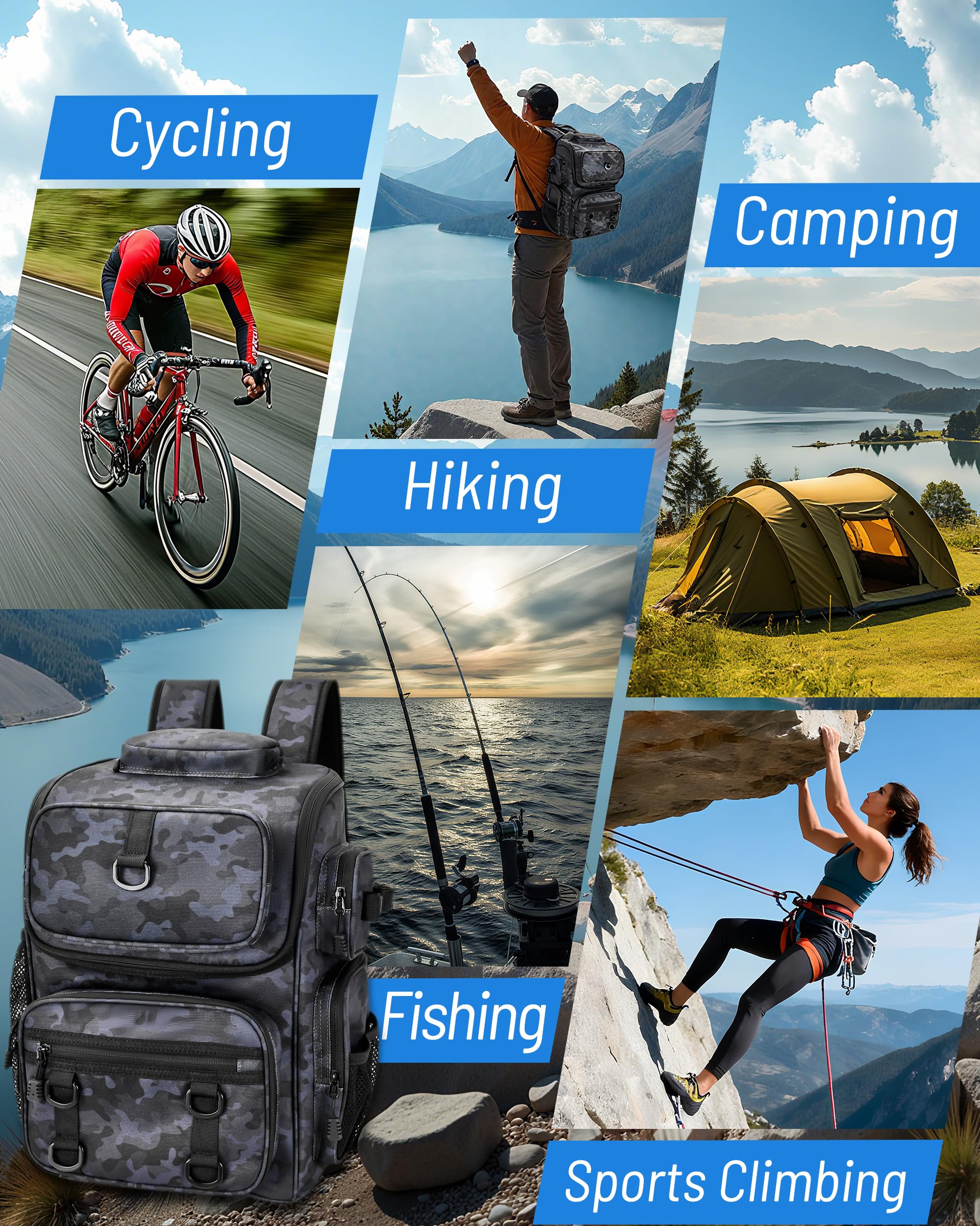 All-season outdoor fishing backpack with multiple pockets for gear
