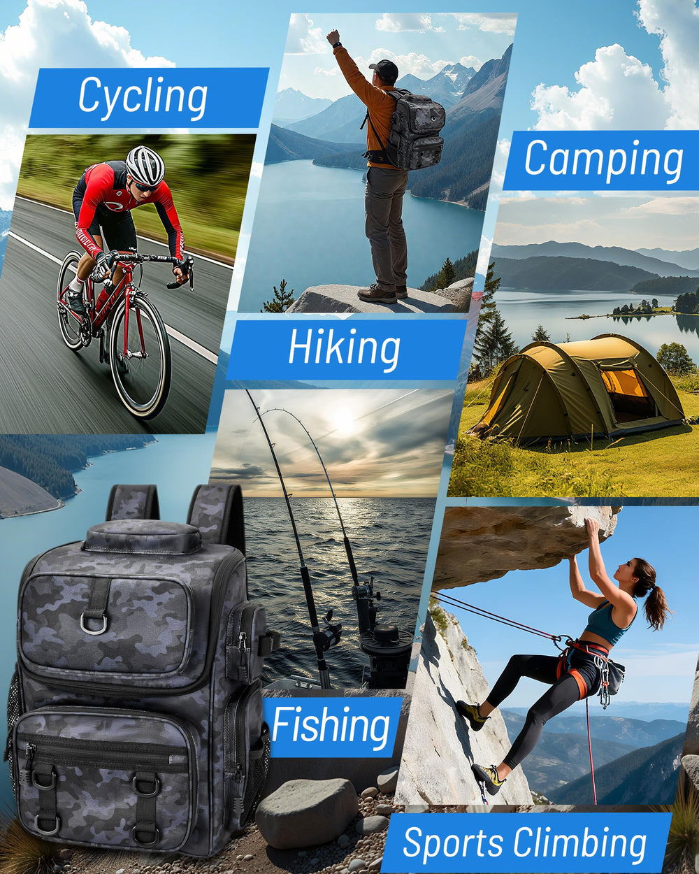 All-season outdoor fishing backpack with multiple pockets for gear