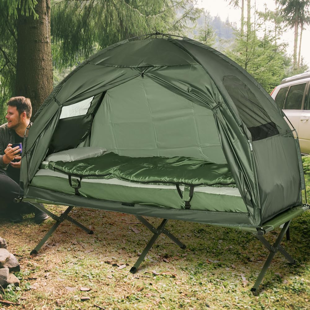 HRVEOCEI camping cot with tent setup provides quick outdoor shelter